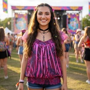 Boho PXL One World Angel Fairy Wing Petite Pink Purple Beaded Floral Paisley Top